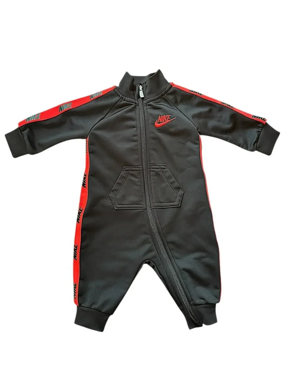 Nike Baby Black & Red Logo Tape Zip Track Romper | 3 Months
